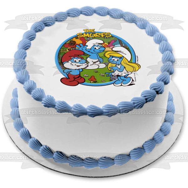 The Smurfs Papa Smurf Smurfette Trees and Flowers Edible Cake Topper Image ABPID08152