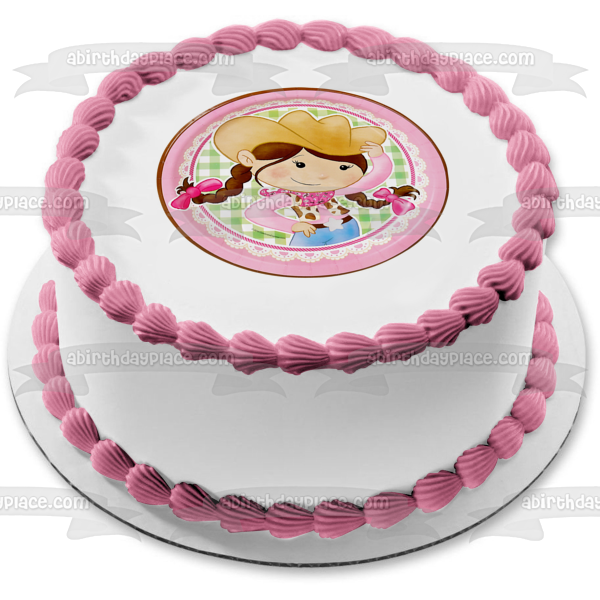 Imagen comestible para decoración de tarta con sombrero de vaquera rosa, estrella y pañuelo, ABPID08246 