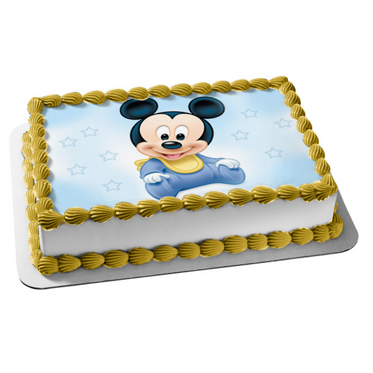 Baby Mickey Mouse Bib Blue Starry Background Edible Cake Topper Image ABPID08291