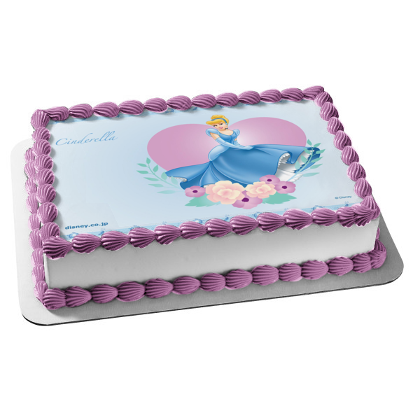 Decoración comestible para tarta con diseño de princesa Cenicienta de Disney, diseño de corazón y flores, imagen ABPID08552 