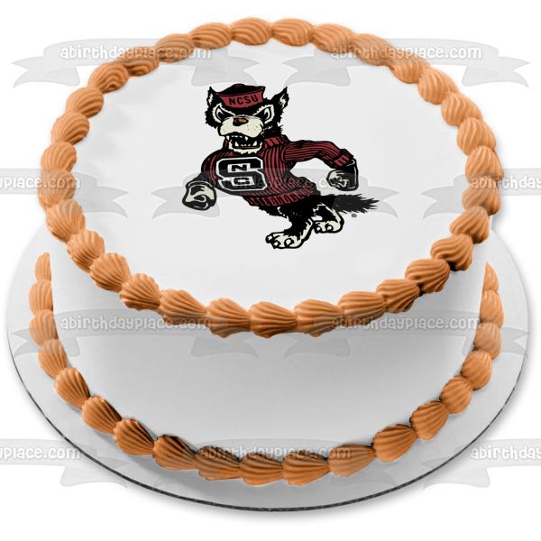 Imagen ABPID08636 de la mascota de la Universidad Estatal de Carolina del Norte, lobo pavoneándose, decoración comestible para tarta de la NCAA 