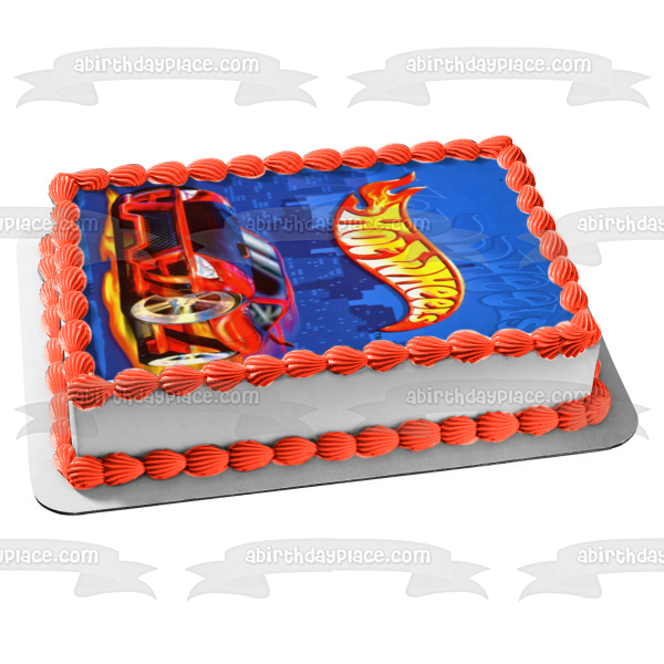 Hot Wheels Logo Red Race Car Edible Cake Topper Image ABPID08325