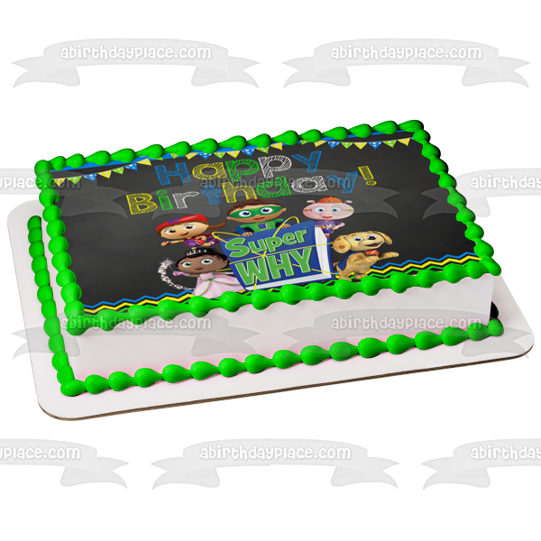 Super Why Happy Birthday Banner Woofster Princess Pea Whyatt Red Riding Hood Pig Edible Cake Topper Image ABPID08748