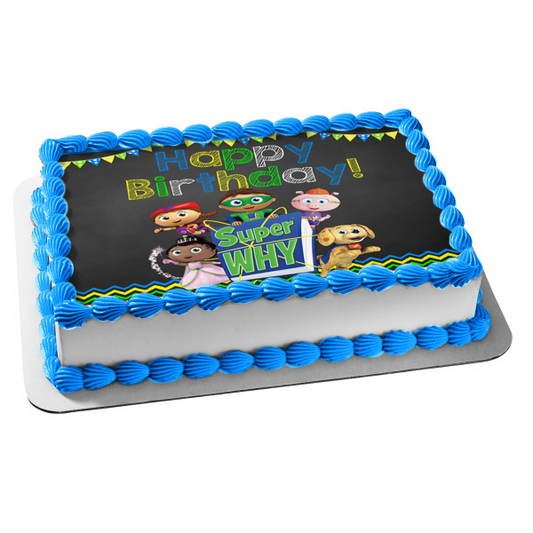 Super Why Happy Birthday Banner Woofster Princess Pea Whyatt Caperucita Roja Cerdo Decoración comestible para tarta Imagen ABPID08748 