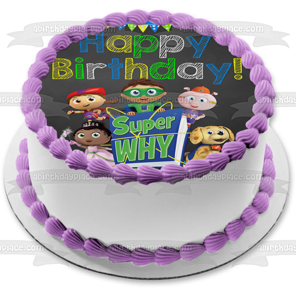 Super Why Happy Birthday Banner Woofster Princess Pea Whyatt Red Riding Hood Pig Edible Cake Topper Image ABPID08748