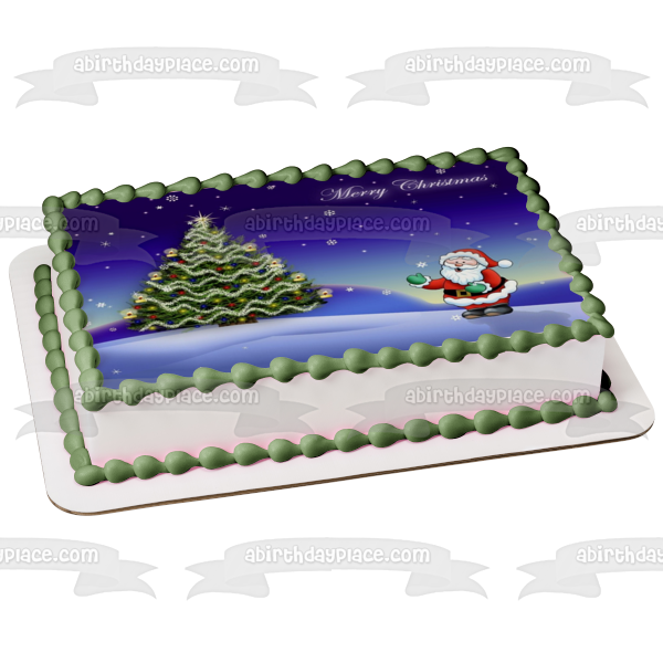 Merry Christmas Decorted Tree Santa Clause Snowflakes Edible Cake Topper Image ABPID08811