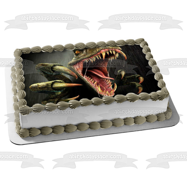 Angry Green Dinosaur Grey Background Edible Cake Topper Image ABPID08370