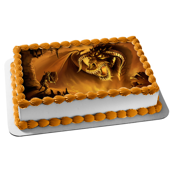 Imagen comestible para tarta con escudo de soldado y dragón dorado, imagen ABPID08398 