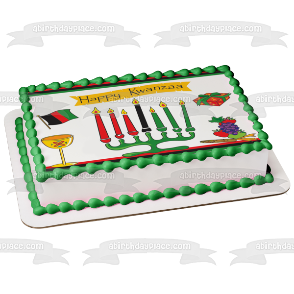 Happy Kwanzaa Presents Grapes Apples Kinara Mishumaa Saba Edible Cake Topper Image ABPID08838