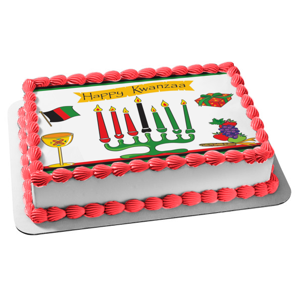 Happy Kwanzaa Presents Grapes Apples Kinara Mishumaa Saba Edible Cake Topper Image ABPID08838