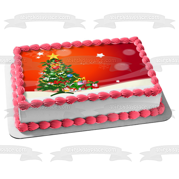 Merry Christmas Decorated Tree Presents Stars Edible Cake Topper Image ABPID08864