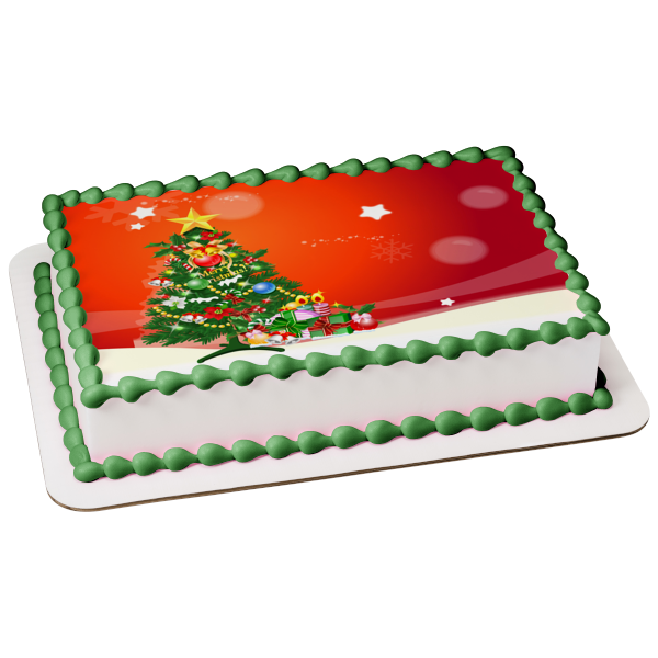 Merry Christmas Decorated Tree Presents Stars Edible Cake Topper Image ABPID08864