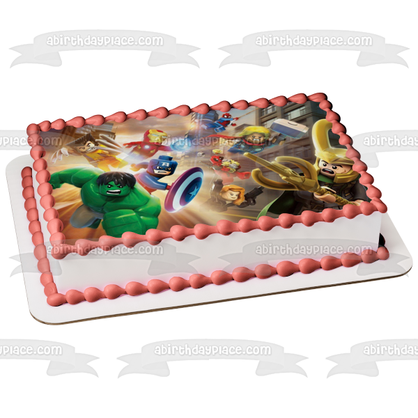 Adorno comestible para tarta LEGO Vengadores Hulk, Thor, Spider-Man, Iron Man, Capitán América, Viuda Negra, imagen ABPID08873 