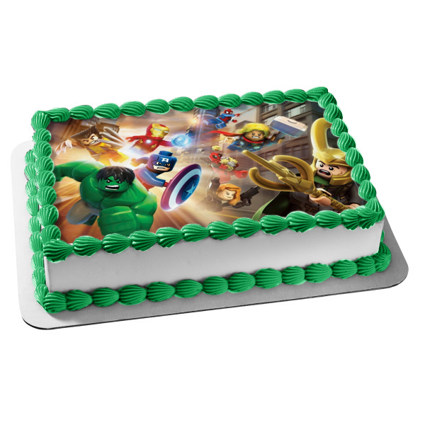 Adorno comestible para tarta LEGO Vengadores Hulk, Thor, Spider-Man, Iron Man, Capitán América, Viuda Negra, imagen ABPID08873 