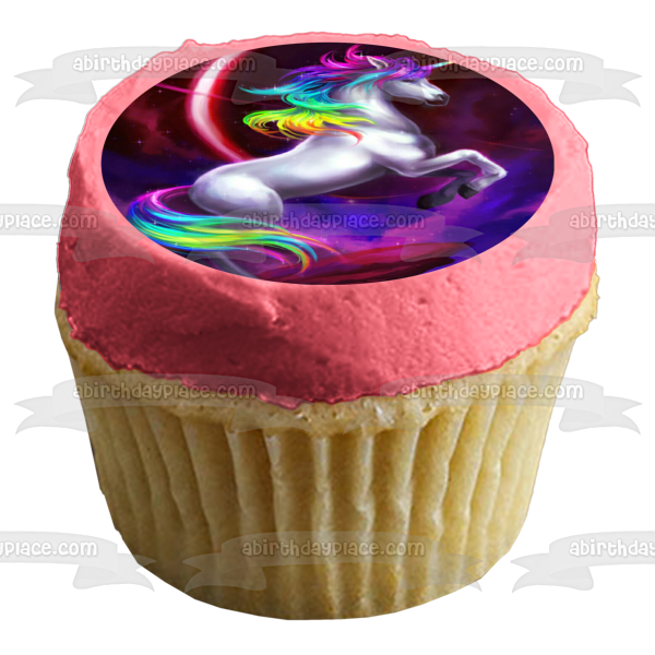 Imagen comestible para tarta con diseño de unicornio blanco, arcoíris, pelo, espacio, planeta anillado, ABPID09067 