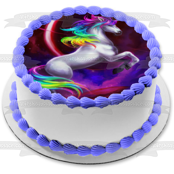 Imagen comestible para tarta con diseño de unicornio blanco, arcoíris, pelo, espacio, planeta anillado, ABPID09067 