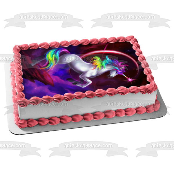 Imagen comestible para tarta con diseño de unicornio blanco, arcoíris, pelo, espacio, planeta anillado, ABPID09067 