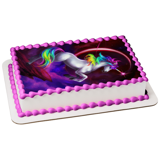 Imagen comestible para tarta con diseño de unicornio blanco, arcoíris, pelo, espacio, planeta anillado, ABPID09067 