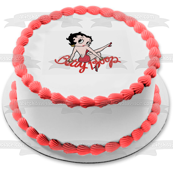 Betty Boop vestido rojo pendientes de aro pelo negro adorno comestible para tarta imagen ABPID09107 