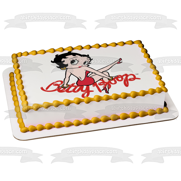 Betty Boop vestido rojo pendientes de aro pelo negro adorno comestible para tarta imagen ABPID09107 