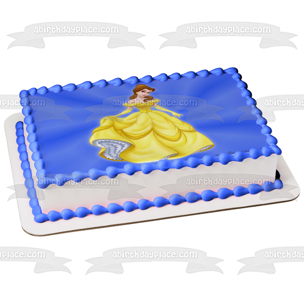 Imagen de decoración comestible para tarta con fondo azul de Bella y la Bestia de Disney, ABPID09114 