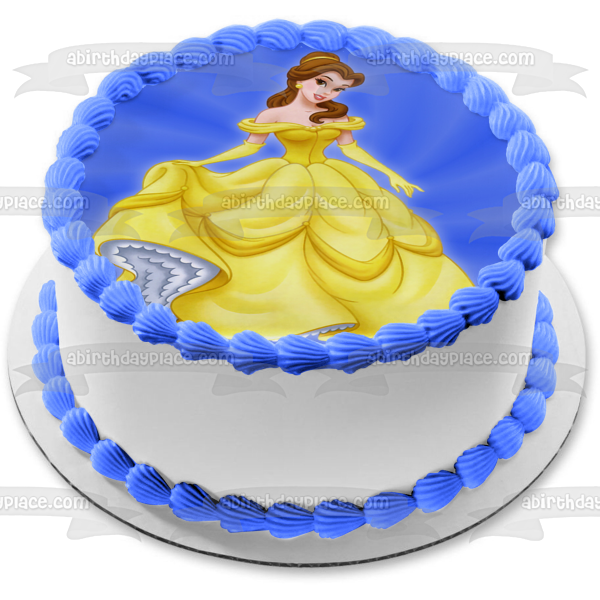 Imagen de decoración comestible para tarta con fondo azul de Bella y la Bestia de Disney, ABPID09114 