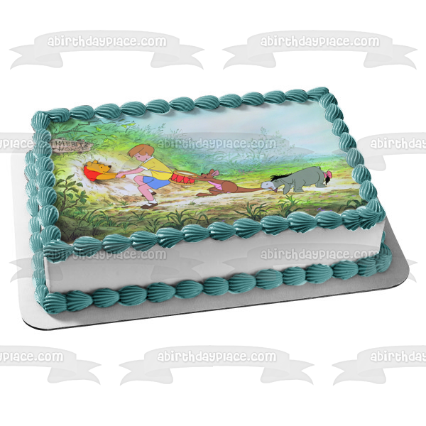 Disney Winnie the Pooh Christopher Robin Kanga Eeyore Pulling Stuck Pooh from Rabbit's House Edible Cake Topper Image ABPID09148