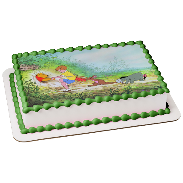 Disney Winnie the Pooh Christopher Robin Kanga Eeyore Pulling Stuck Pooh from Rabbit's House Edible Cake Topper Image ABPID09148