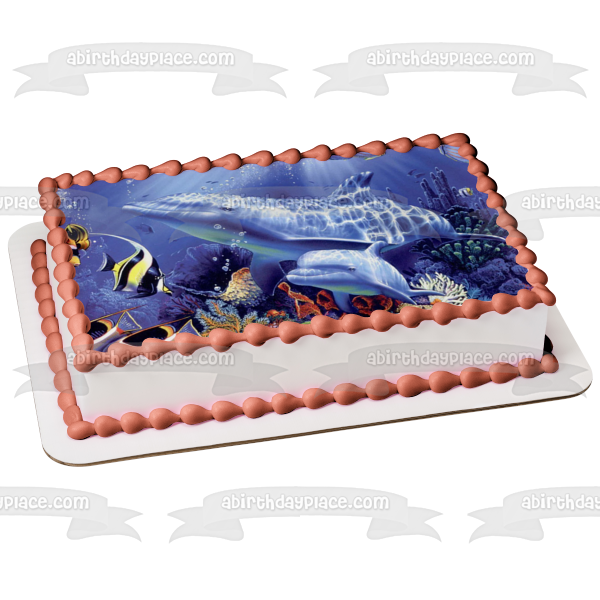 Decoración comestible para tarta con delfines nadando bajo el mar, imagen ABPID09152 