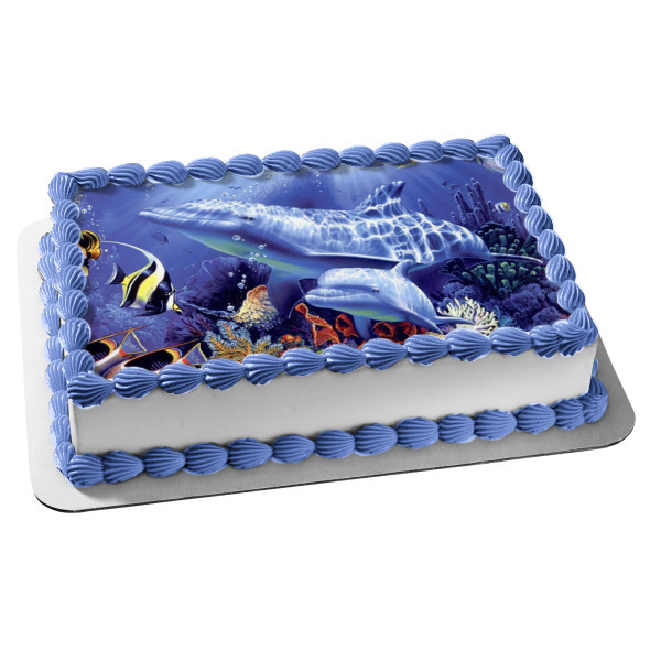 Decoración comestible para tarta con delfines nadando bajo el mar, imagen ABPID09152 