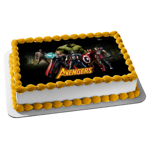 Marvel Comics Los Vengadores Capitán América Iron Man Thor Increíble Hulk Fondo negro Adorno comestible para tarta Imagen ABPID09188 