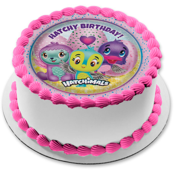 Hatchy Cumpleaños Hatchimals Corazones Fondo Púrpura Imagen Comestible Para Pastel ABPID00201 