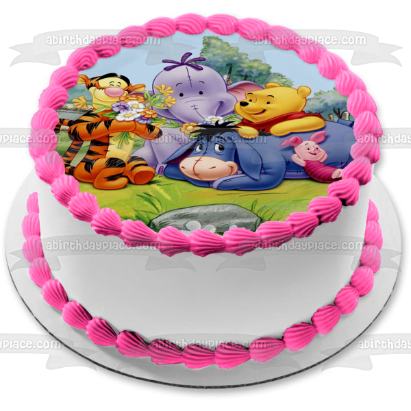 Winnie the Pooh Eeyore Piglet Tigger Heffalump Laying on the Grass Flowers Edible Cake Topper Image ABPID00376