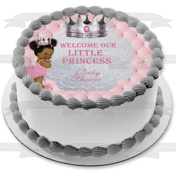 Bienvenido a nuestra pequeña princesa Afro Puff Baby Shower adorno comestible para tarta imagen ABPID00735 