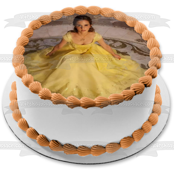 Adorno comestible para tarta con vestido amarillo de Bella y la Bestia, imagen ABPID00743 