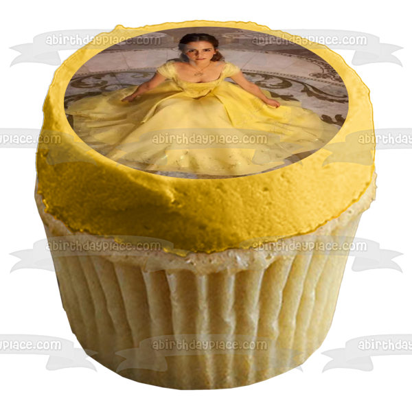 Adorno comestible para tarta con vestido amarillo de Bella y la Bestia, imagen ABPID00743 