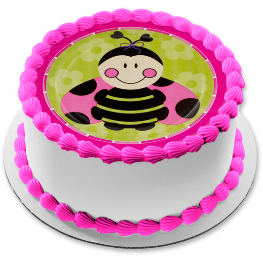 Pink Ladybug with Black Spots on Round Green and Pink Background Edible Cake Topper Image ABPID01020