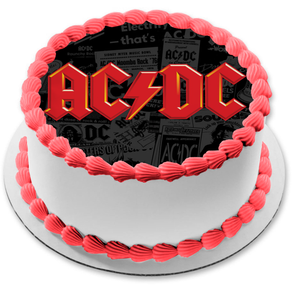 Imagen comestible para decoración de tarta con fondo de periódico con logotipo rojo de AC/DC ABPID01097 