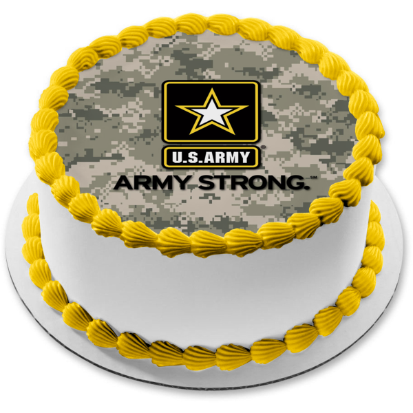 Logotipo del ejército de los Estados Unidos, fondo de camuflaje del ejército fuerte, imagen comestible para decoración de tarta ABPID01151 