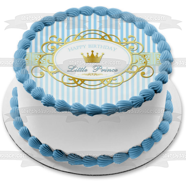 Feliz cumpleaños Principito Corona dorada Fondo de rayas azules y blancas Imagen comestible para decoración de tarta ABPID01393 