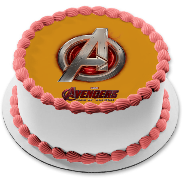 Avengers Logo Age of Ultron and a Yellow Background Edible Cake Topper Image ABPID01410