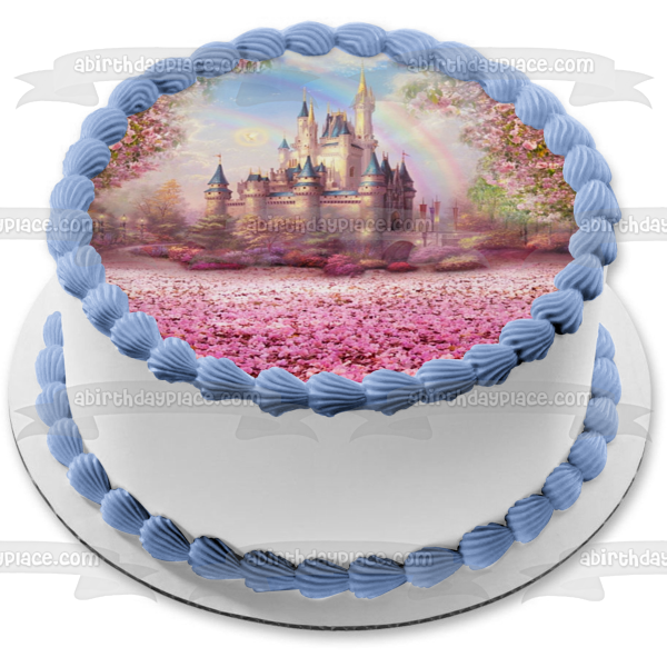 Castillo de Blancanieves, flores rosas y un arcoíris, adorno comestible para tarta, imagen ABPID01546 