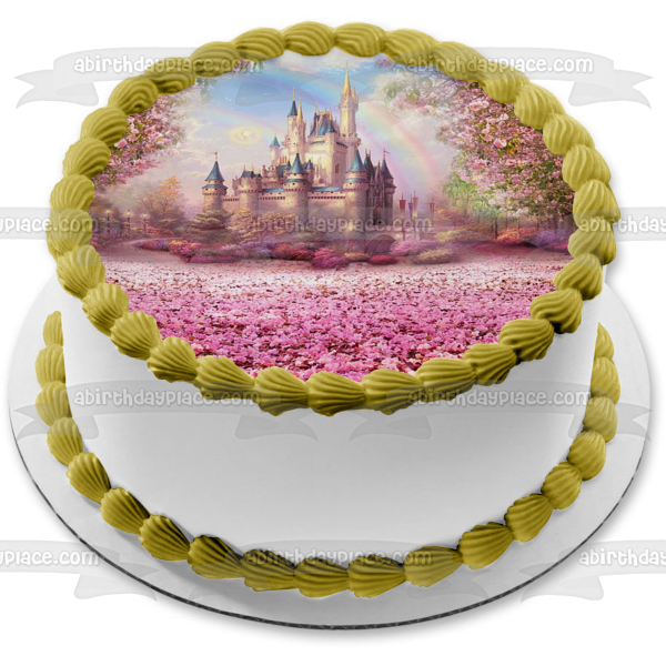 Castle Double Rainbow and Flowers Roses Pink Edible Cake Topper Image ABPID01977