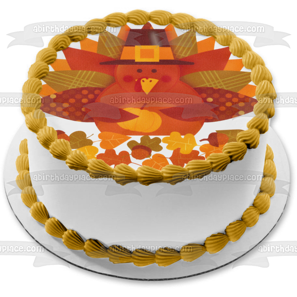 Feliz Día de Acción de Gracias, sombrero de peregrino de pavo y una calabaza, adorno comestible para pastel, imagen ABPID04013 