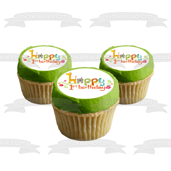 Happy 1st Birthday Jungle Safari Giraffe and an Elephant Edible Cake Topper Image ABPID04027