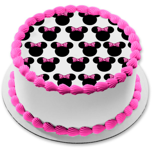 Minnie Mouse Heads Pink Polka Dot Bow Tile Background Edible Cake Topper Image ABPID04244