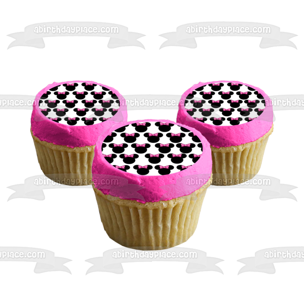 Minnie Mouse Heads Pink Polka Dot Bow Tile Background Edible Cake Topper Image ABPID04244