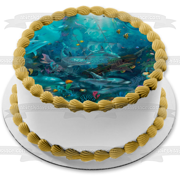 Bajo el mar, delfines, peces y un naufragio, decoración comestible para tarta, imagen ABPID05266 