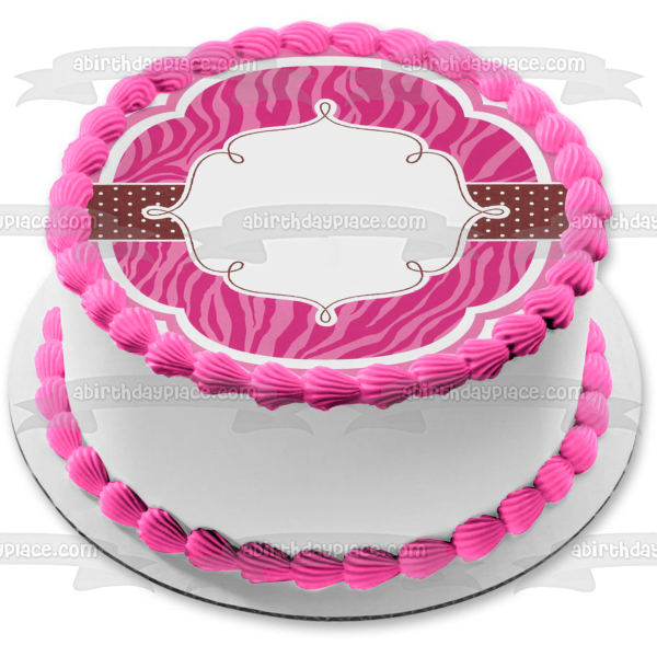 Marco de imagen comestible para decoración de tarta con lunares y rayas de cebra rosa ABPID05333 