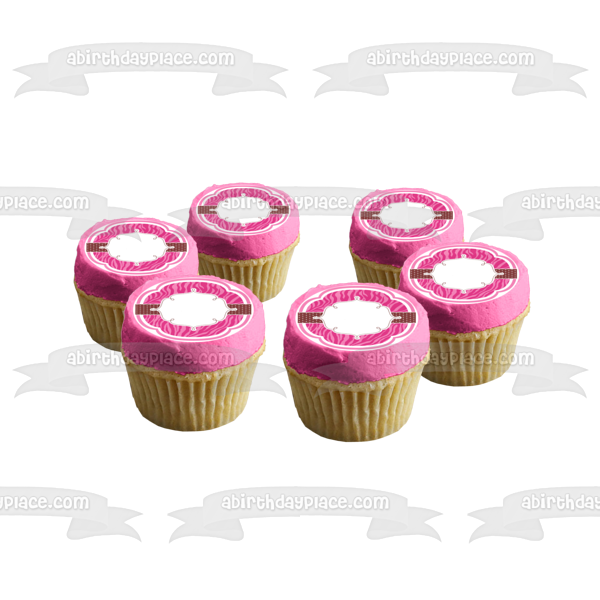 Marco de imagen comestible para decoración de tarta con lunares y rayas de cebra rosa ABPID05333 